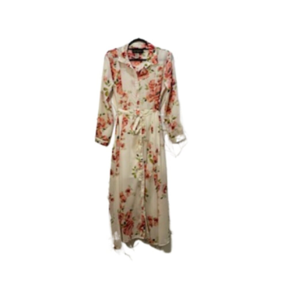 VTG SPOON JEANS Women Flowy Floral Sheer Chiffon Maxi Button Dress Sz M Ethereal